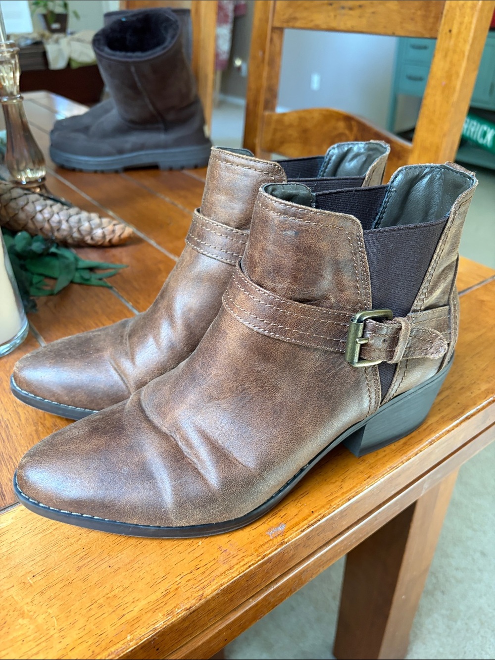 White Mountain Brown Distressed Leather Ankle Booties with Buckle
